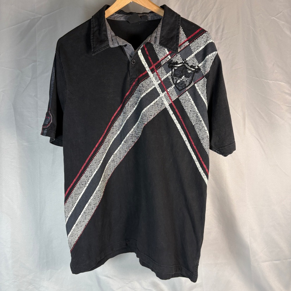 Burnside Mens Black Polo Shirt Plaid Graphic Crest Short Sleeve Edgy Grandpa  L